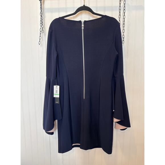 NWT Nicole Miller Mini Sheath Dress Navy Blue & Pink Bell Sleeve Career Size 8 - Picture 3 of 9